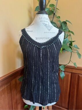 Black Beaded V-Neck Metallic-Striped Tank Top
